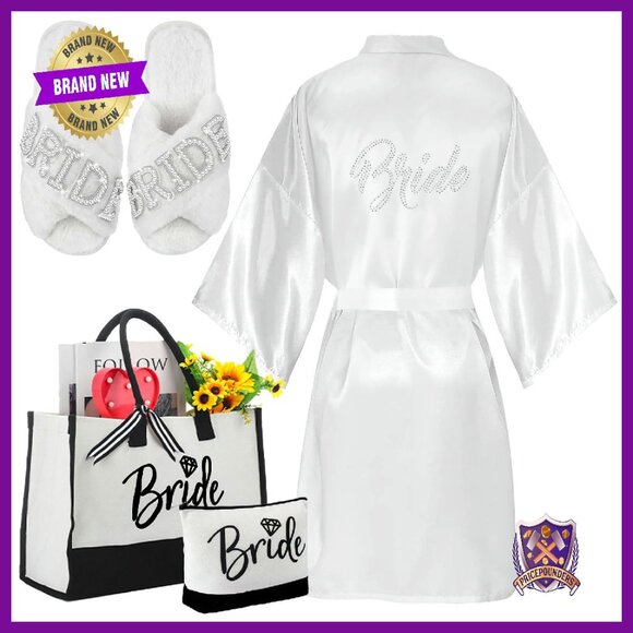 Bridal Robe Slippers Tote Makeup Bag Set Silk Canvas Pearl Decor
